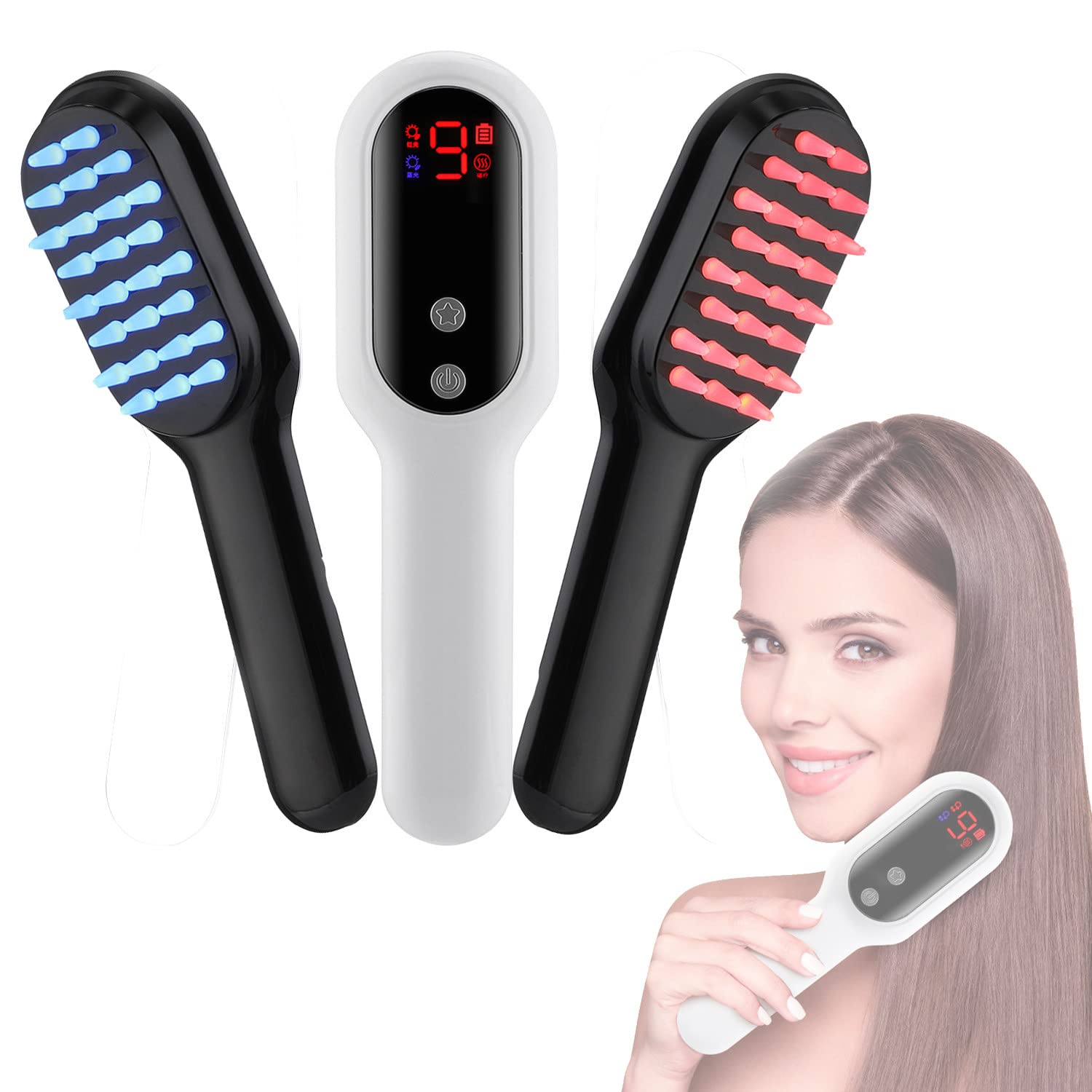 Phototherapy Scalp Massager Comb,3-in-1Anti Hair Loss Comb Brush for Hair Care,USB Rechargeable Red + Blue Light Hair Growth Massage Comb with 9 Gears Adjustable