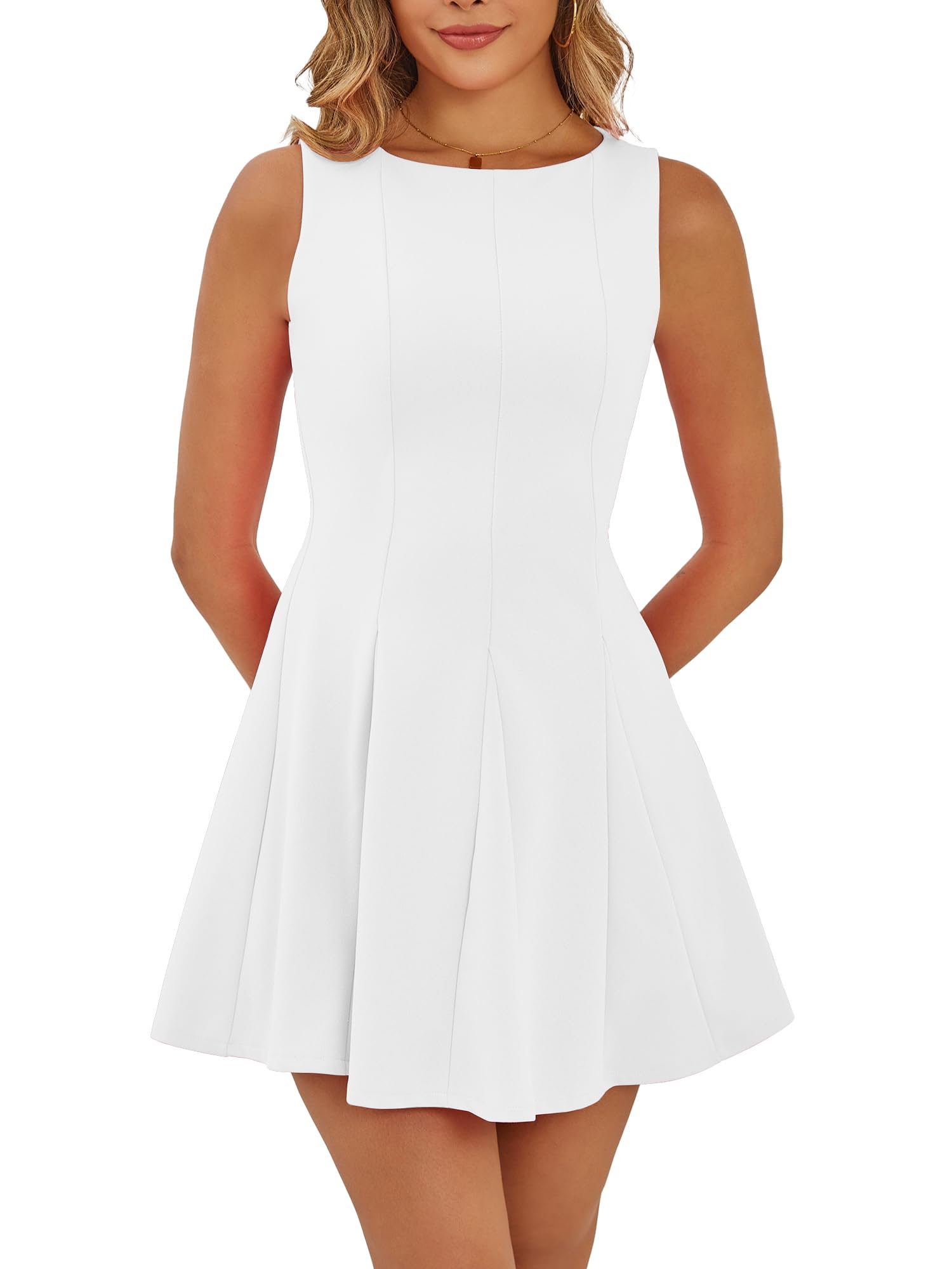 Mokoru Women's Summer Sleeveless Boat Neck Cute Mini Dress A-Line Party Cocktail Short Dresses