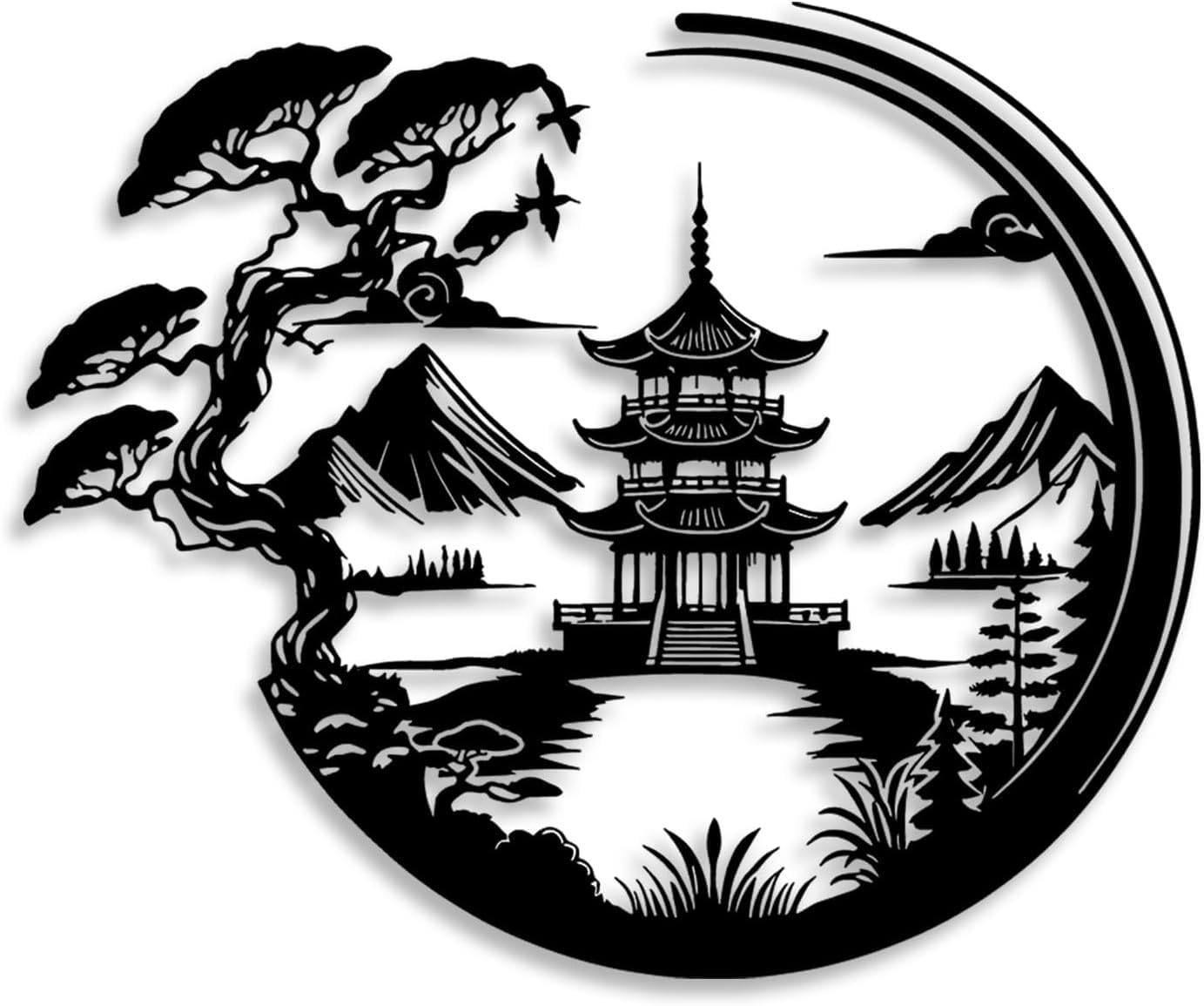 NOVACENTIX Bonsai Tree Torii Gate Metal Wall Decoration Japanese Style Room Decor Black Wall Art Home Decor Living Room Bedroom Dining Room Black