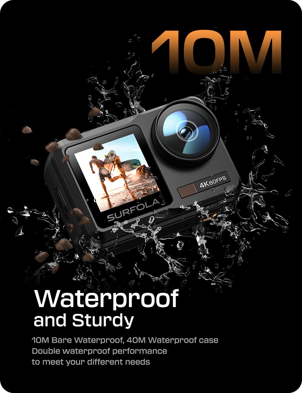 Surfola Action Cam 4K 60FPS, SF630 Subacquea 40M in Metallo Nudo Impermeabile 10M, Wifi, Telecamera Per Casco EIS, Videocamera a Doppio Schermo con Microfono Esterno, 2 Batterie Da 1350mAh