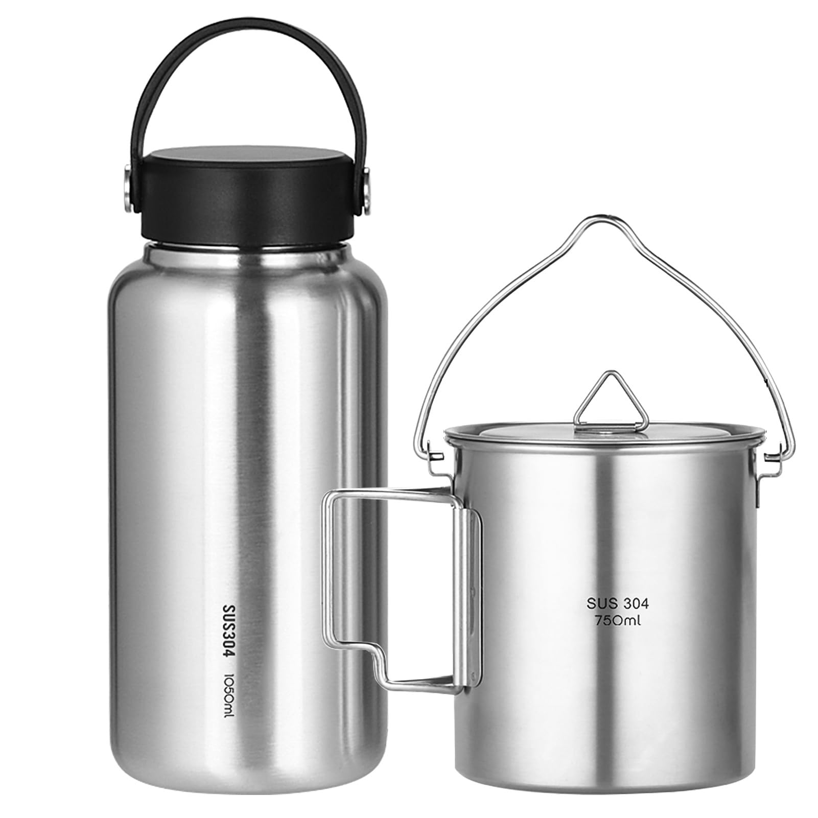 HUIOP 1050 ml Edelstahl-Wasserflasche, auslaufsicher, Sportflasche mit 750 ml Hängetopf für Outdoor, Camping, Wandern, Sportflasche