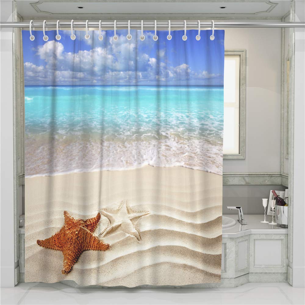 Chickwin Rideau De Douche 3D Mer Plage - 90x180cm - Imperméable, Lavable, Anti-moisissure - Avec 12 Crochets
