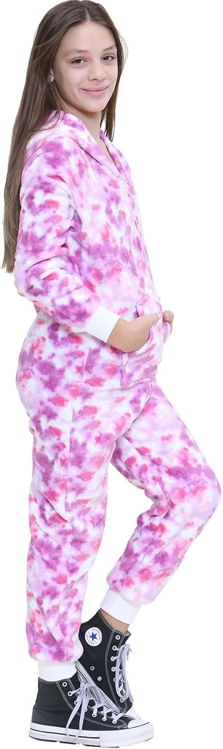 A2Z Kids Fleece Overall One Piece Hooded Girls Super Soft Jumpsuit Tie Dye Lilac Loungewear for Children & Girls 2-13 Years