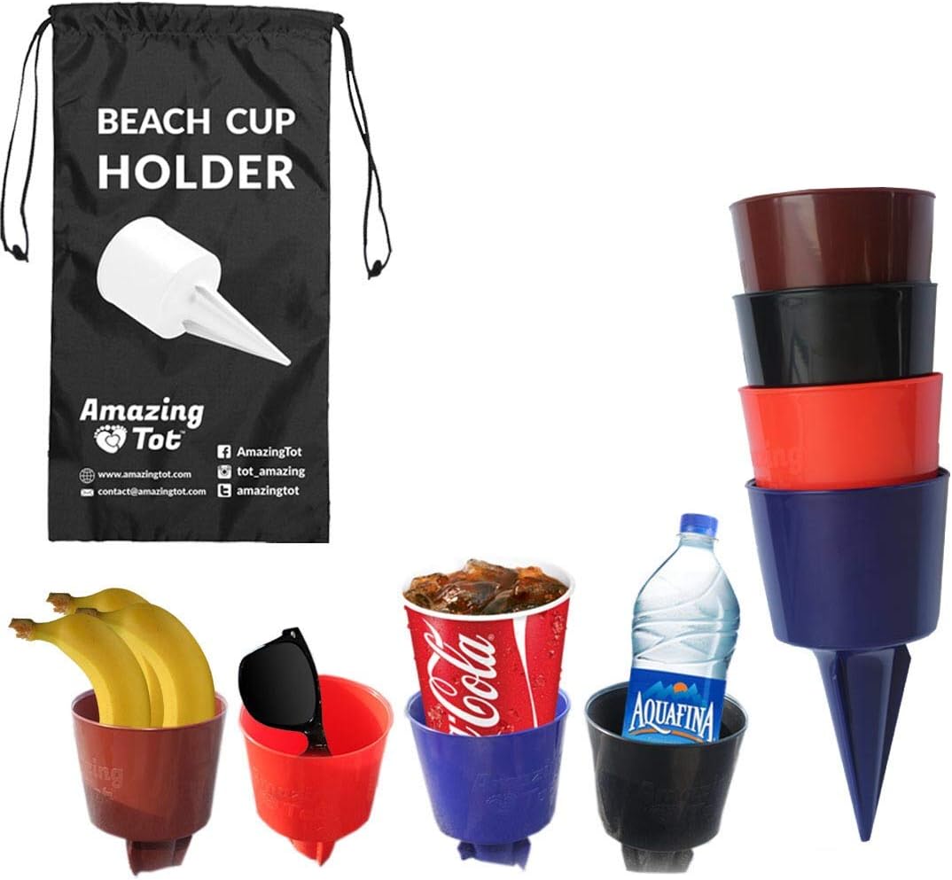Sand Drink Holder | Beach Cup Holders | Sand Coaster | Perfectly Sized Beverage Holder For Beach, Garden, Picnics & Parties - Holds Drinks, Phone, Keys and Small Items in Sand & Grass - Patent Pending