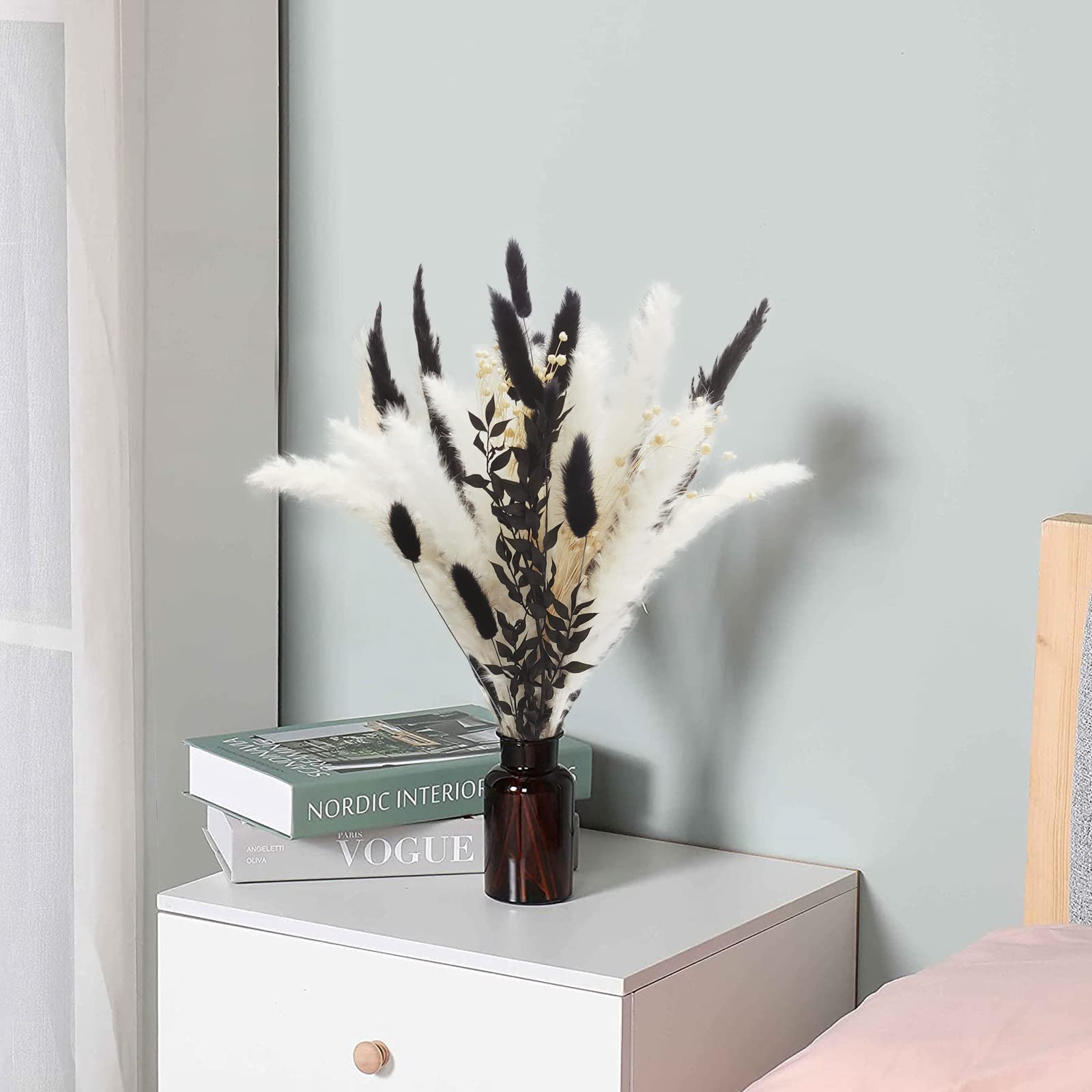 CAMDUCK Herbe de Pampa séchée Ensemble de Fleurs Séchées Noires, Arrangement de Bouquet de Plantes Séchées, Fleurs Séchées Blanches Fleurs Séchées pour Décor Boho Salon et Vases