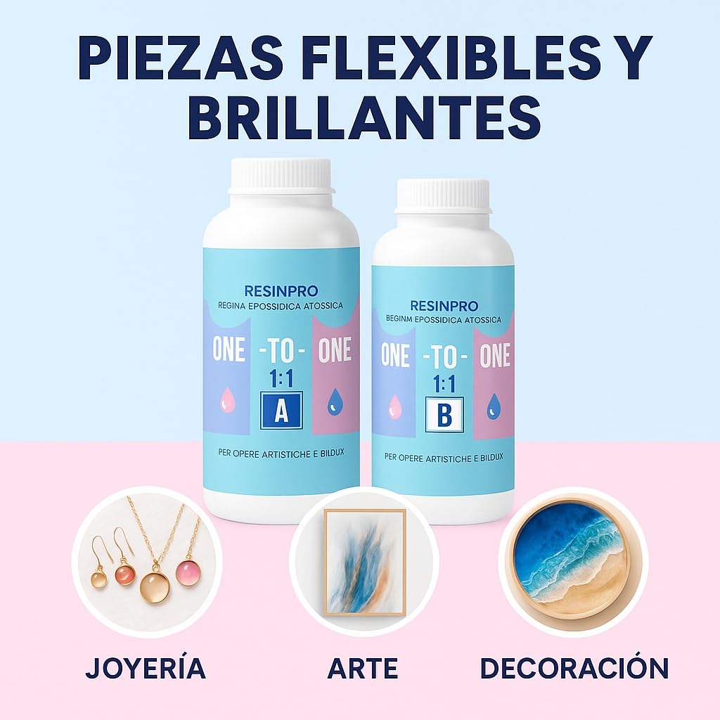 Resin Pro ® Resina Epoxi Transparente 1:1 para Fabricación de Joyas, Creaciones Artísticas, Fácil de Usar y Resistente a la Humedad, 1 Kg, Resina apta para Principiantes