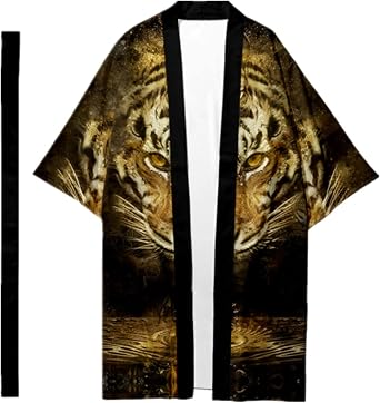 HZCX FASHION Mens Kimono Robe With Belt Printed Lightweight Open Front Samurai