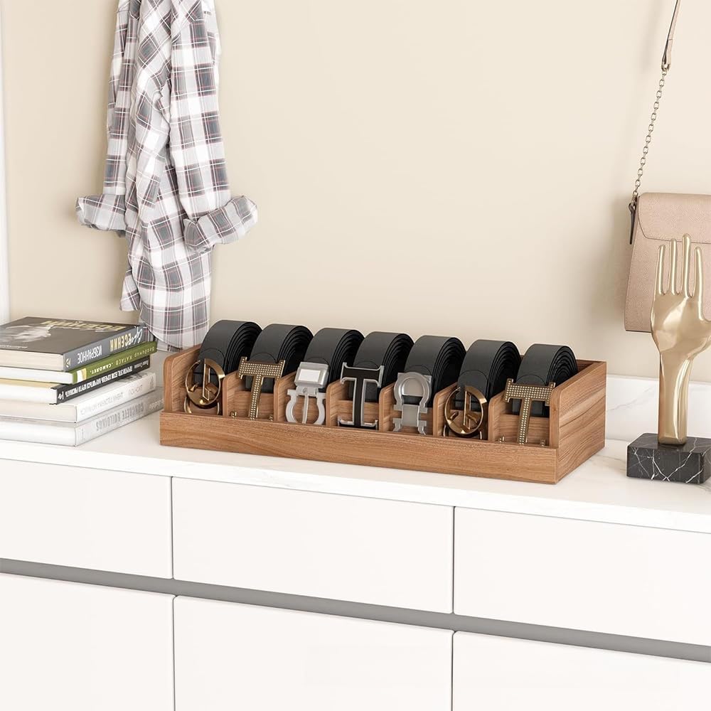 Gürtel Aufbewahrung Aus Bambus, 7 Fächer Gürtel Aufbewahrungshalter für Closet Drawer, Gürtel-Aufbewahrungsbox Ausstellungsständer für Männer Frauen, Braun