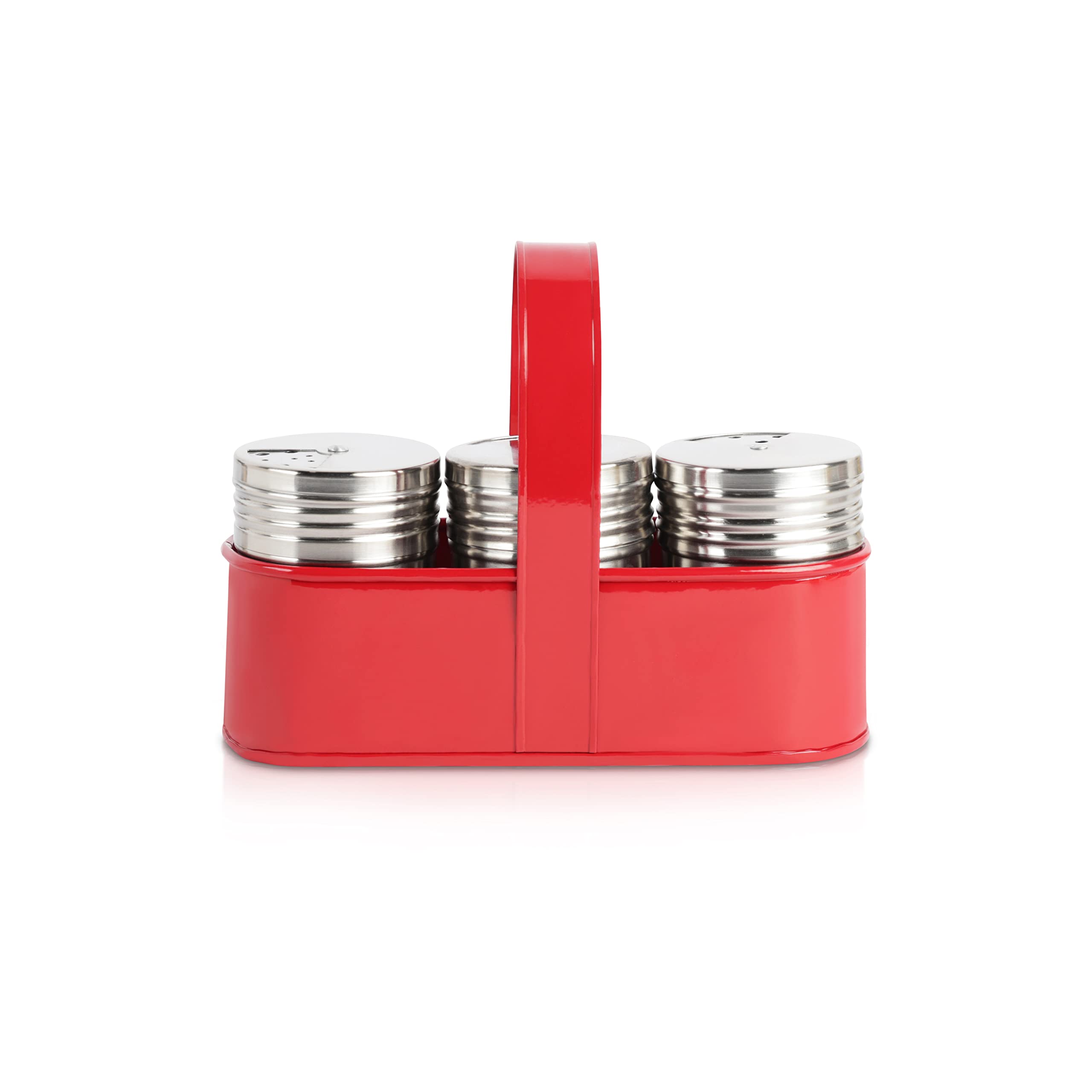 Salt and Pepper shakers with Spice Rack - 3 Retro Spice Jars in Carrying Rack - Stainless Steel