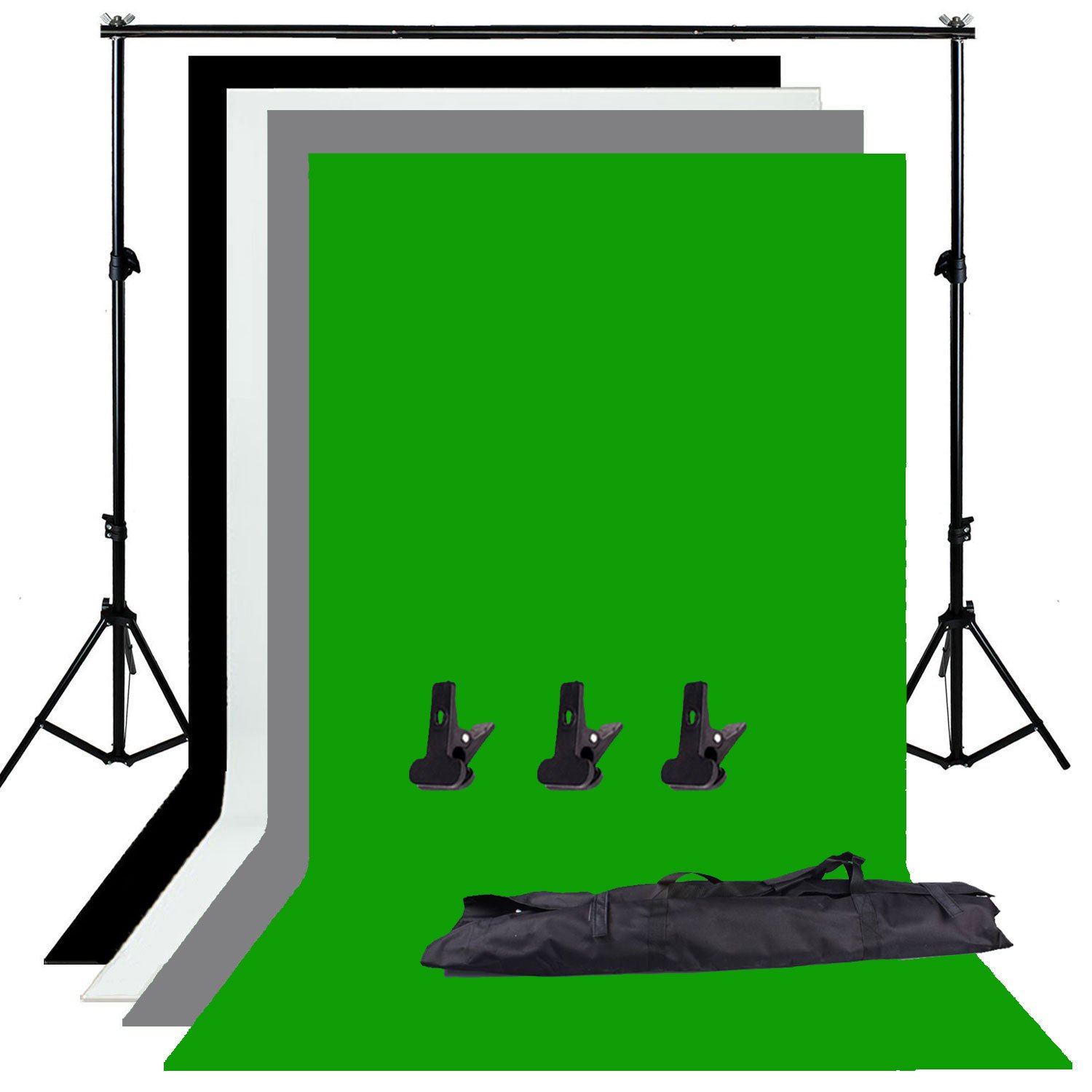 Photo Studio Adjustable Backdrop Support Stand Kit 1.6 x 3m Black/White/Green/Gray Backdrop Screen + 6.5ft x 6.5ft / 2m x 2m Background Support System + 3 Clamps+ Carry Bag