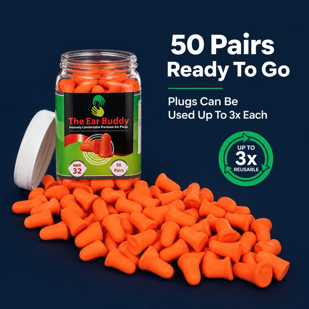 The Ear Buddy Premium Soft Foam Ear Plugs, NRR 32 Decibels, 50 Pairs by The Ear Buddy