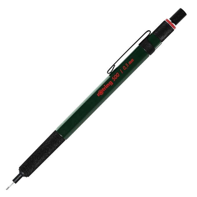 Rotring 0.5mm Mechanical Lead Pen Pencil Matte Green ABS Plastic Body Hexagonal Body Non-Slip Textured Metal Grip Click Mechanism 500 Series Lead Indicator Ideal for Technical Drawing
