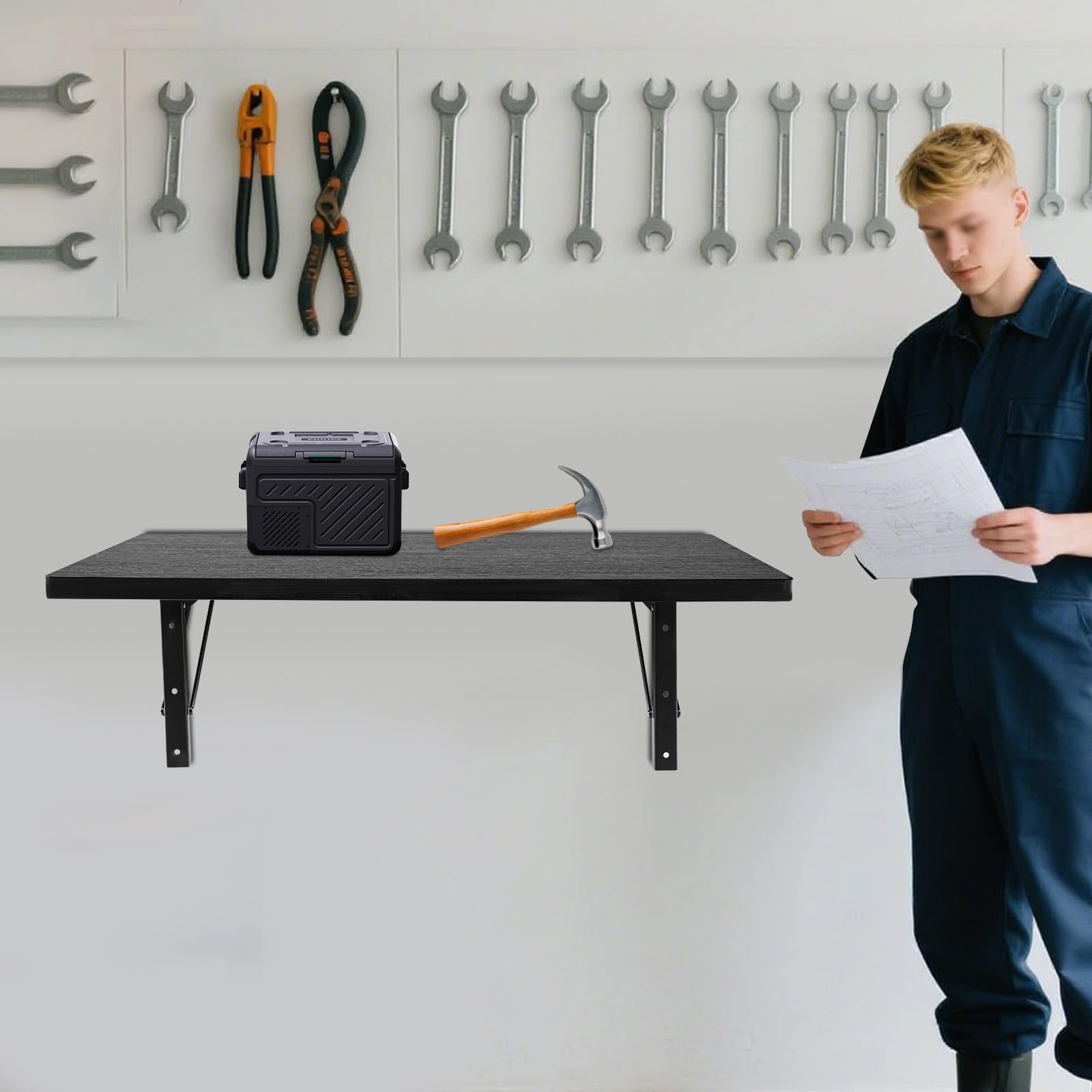 Mesa plegable robusta de acero y madera para montaje en pared con una fuerte capacidad de carga de 250 kg, ideal para pequeños apartamentos y talleres como solución de ahorro de espacio (negro