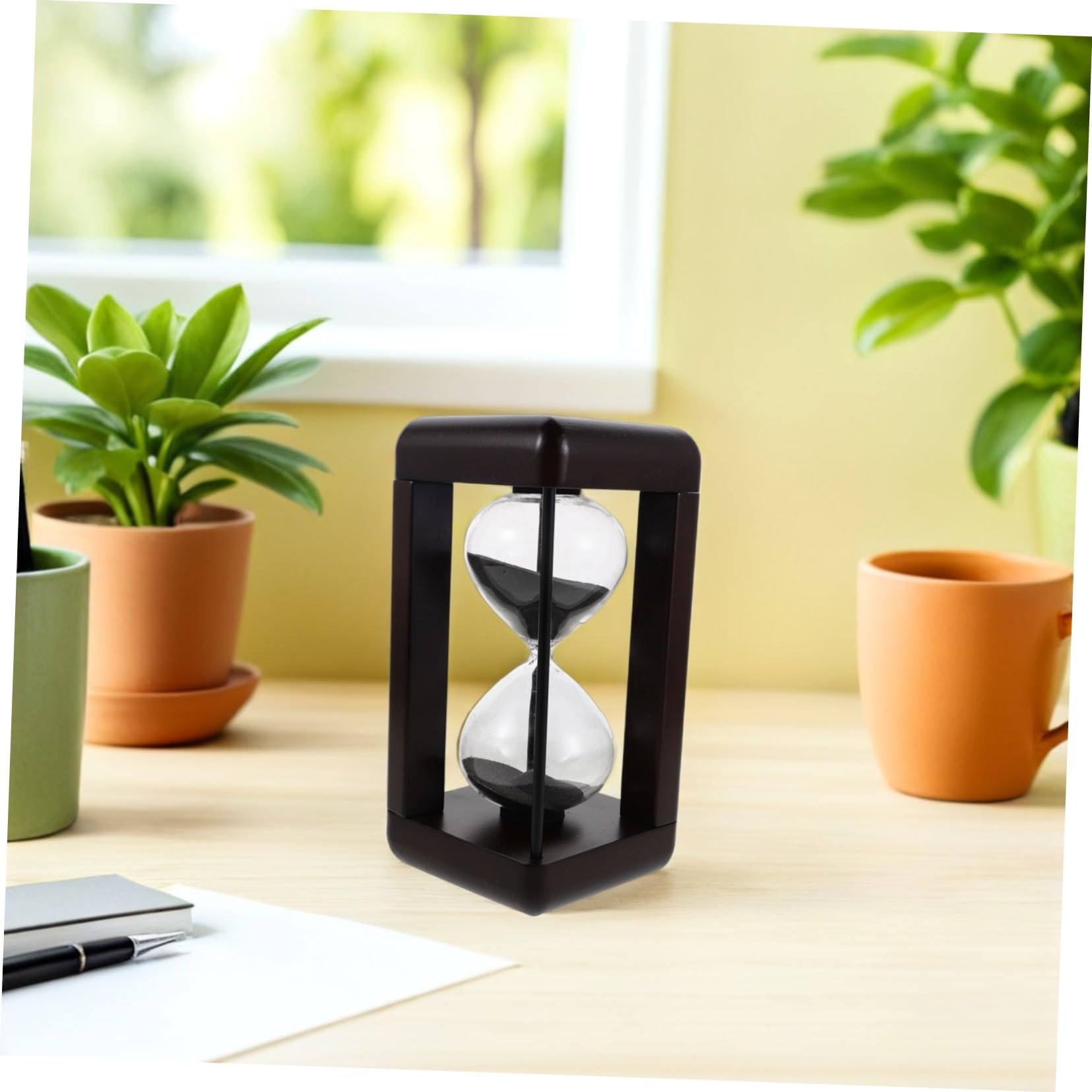 Vintage Szklany Klepsydra Timer z Czarnym Piaskiem Dekoracyjny Retro Zegar Do Biura Kuchni Restauracji i Sauny Precyzyjny Mechanizm Odmierzania Czasu Stylowy Zegar Piaskowy Biurko