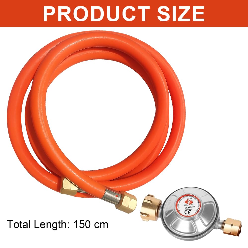 Tubo del gas con riduttore di pressione 50 mbar, tubo del gas 1/4, regolatore di pressione del gas con manometro e valvola di sicurezza e tubo flessibile del gas da 150 cm, ideale per barbecue