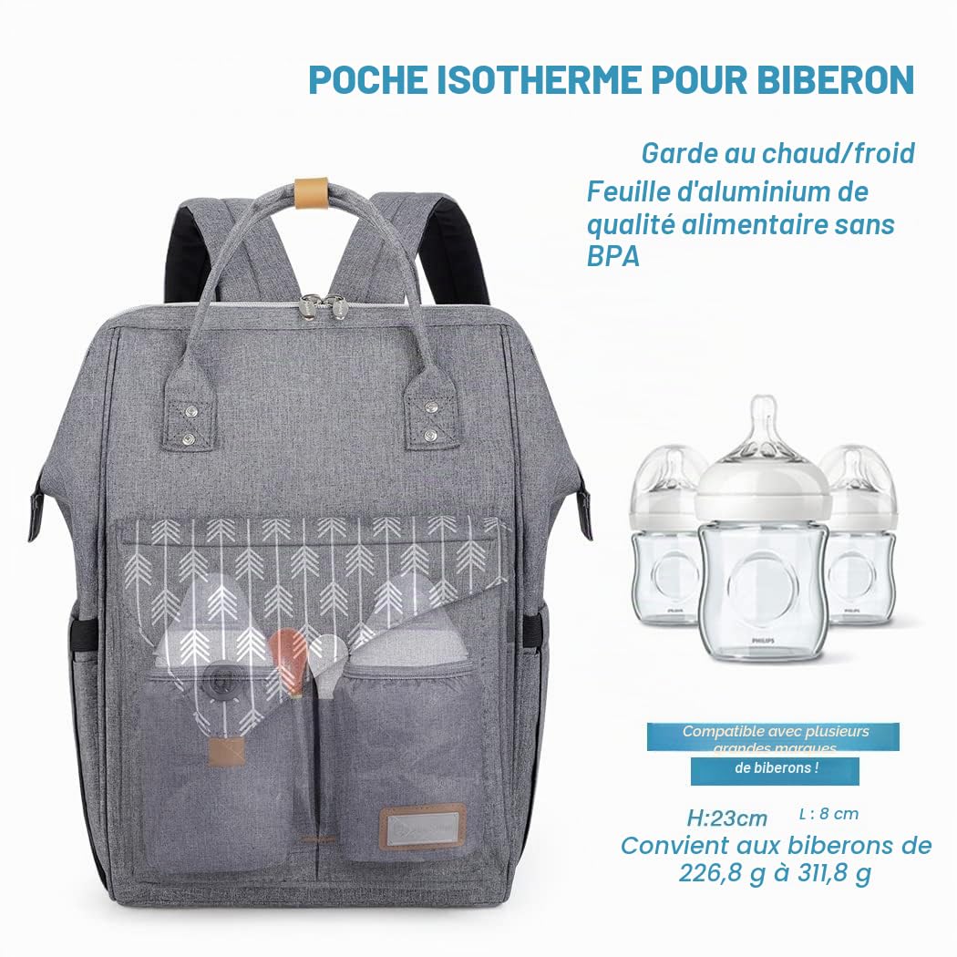Lekebaby Sac à langer à porter comme un sac à dos avec matelas à langer Motifs flèches Gris