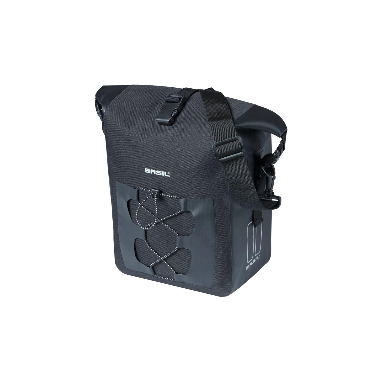 Basil Bicycle Single Bag M MIK Hooks - 12-15L - Tarpaulin/Polyester - Waterproof IPX3 - Rolltop Closure - Compression Front Pocket - Reflective - Removable Shoulder Strap - Black
