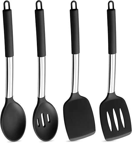 P&P CHEF Juego de 4 utensilios de cocina negros de cocina, espátulas sólidas de silicona, cucharas ranuradas, giradores para utensilios de cocina