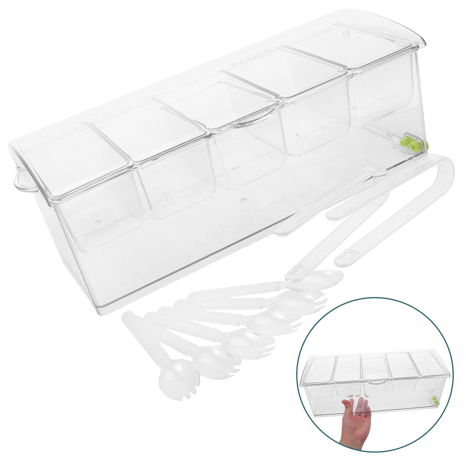 SOLUSTRE Plateau à Condiments Réfrigéré Set 1 Pièce avec Couvercle 5 Compartiments en PET Facile à Nettoyer avec Pinces et Cuillères pour Buffet Froid et Bar