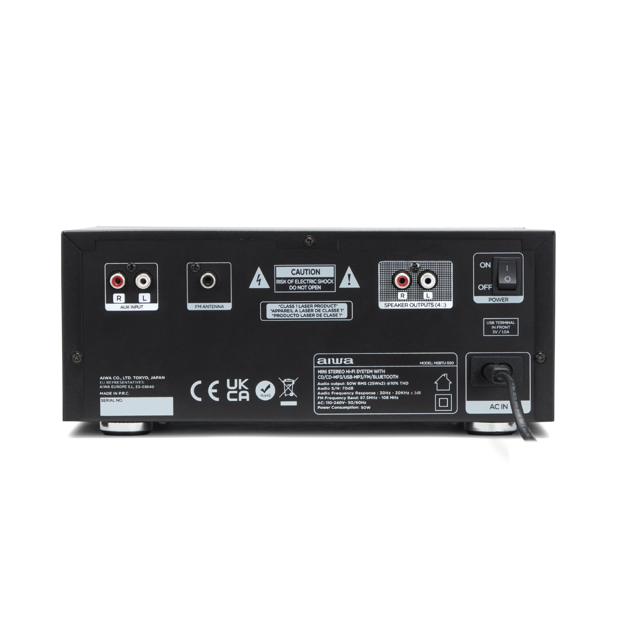 AIWA MSBTU-550 Mini Sistema Hi-Fi Estéreo 50 W RMS con Bluetooth 5.0, CD/MP3, USB (reproducción y Carga), Radio FM-PLL, AUX RCA/3,5 mm, Hyperbass, DSP. Color Negro