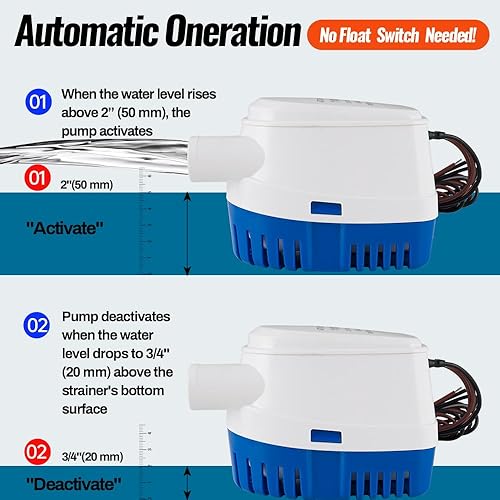Miniatura 5 de Bomba de sentina automática para barcos de 12 V, 1100 GPH con interruptor de flotador, bomba de drenaje marina sumergible con salida de 1-18