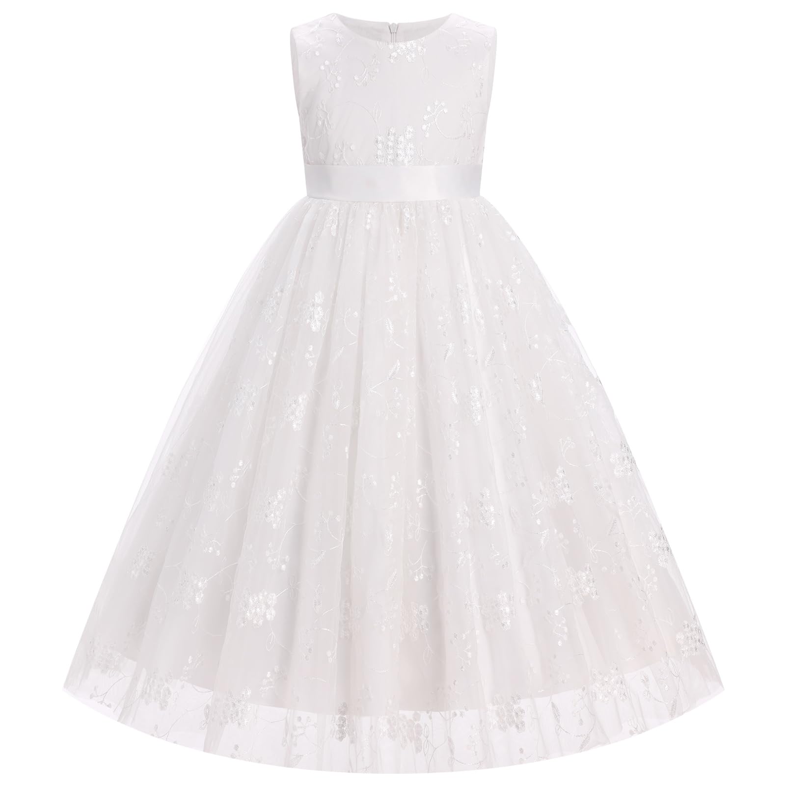 Odizli Prima Comunione Abito Ragazza Senza Maniche Pizzo Floreale Ricamo Matrimonio Lungo Vestito