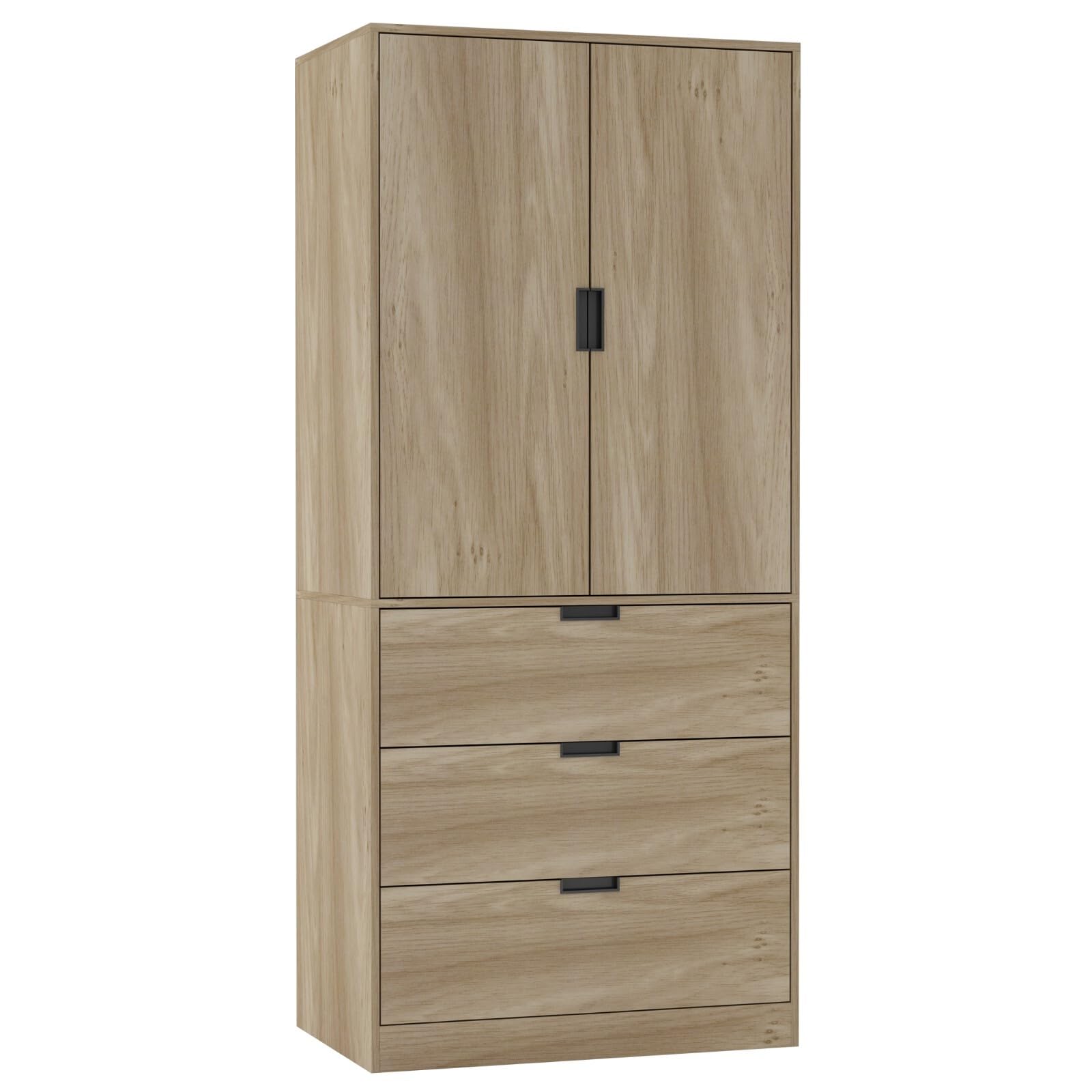URBNLIVING Modern 2 Door Wardrobe with 3 Drawers & Hanging Rail, Stylish Freestanding Storage, Spacious Interior, Durable Chipboard Build, Easy to Assemble Bedroom Furniture