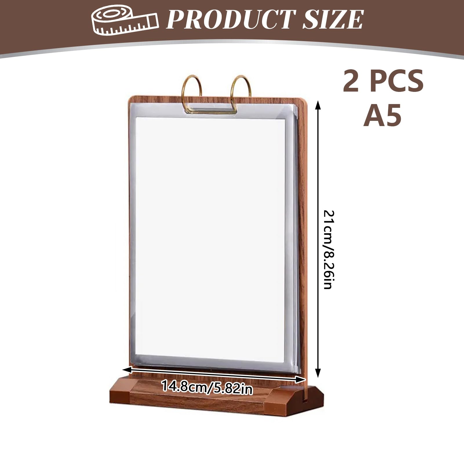 2 espositori da tavolo A4/A5/A6 con base in legno, 6 lati da capovolgere, supporto da tavolo A4/A5/A6, in legno, porta menù (14,8 x 21 cm)