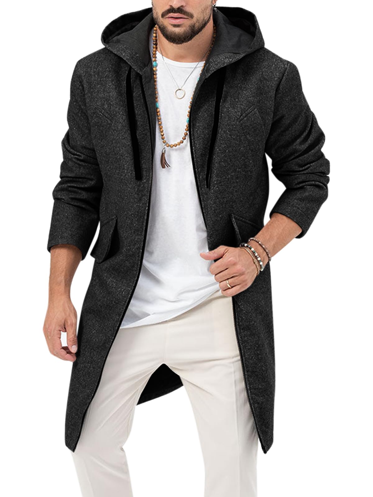 Photo 1 of ZIWOCH Mens Trench Coat Wool Blend Hoodie Long Jacket Full Zip Winter Classic Business Overcoat