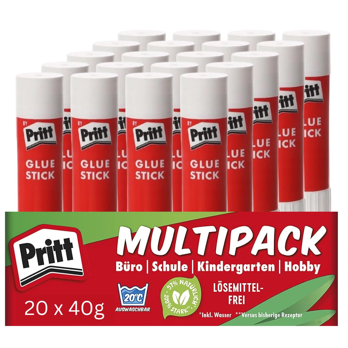 Pritt Klebestift – Kinderfreundlicher & langlebiger Bastelkleber mit 97% natürlichen Inhaltsstoffen, starke Haftung, saubere Anwendung ohne Wellen, ideal für Schule, Büro, Heimbedarf (20 x 40g)