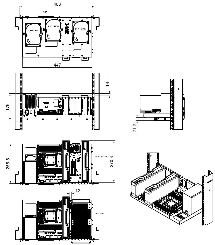 R-CASE 1 PRO RAW ATX 4U Funda de servidor AIR, funda RACK de 19 pulgadas, ATX, CEB, almacenamiento, AIO 240 mm