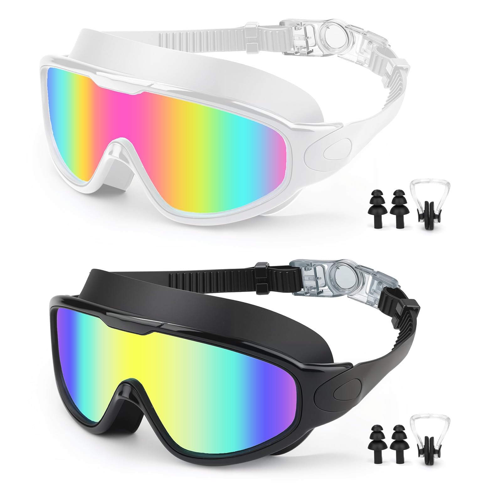 AHRLIC 2 Pack Adult Silicone Swim Goggles, Anti-Fog UV Protection, No Leak, Wide View, Comfortable Fit for Men & Women, Black/White