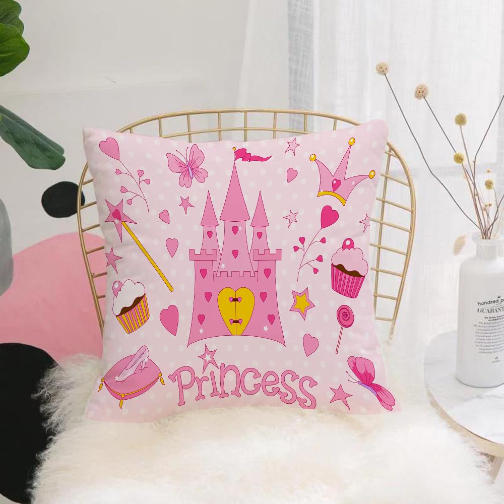 HYMSXW Cushion Cover,Throw Pillow Case Home Decorative for Living Room Bedroom Sofa Chair 20X20 Inch,Children, Little Princess Tiara Slippers Fairytale Castle Butterfly Heart Lolli,Pillowcase 50X50cm