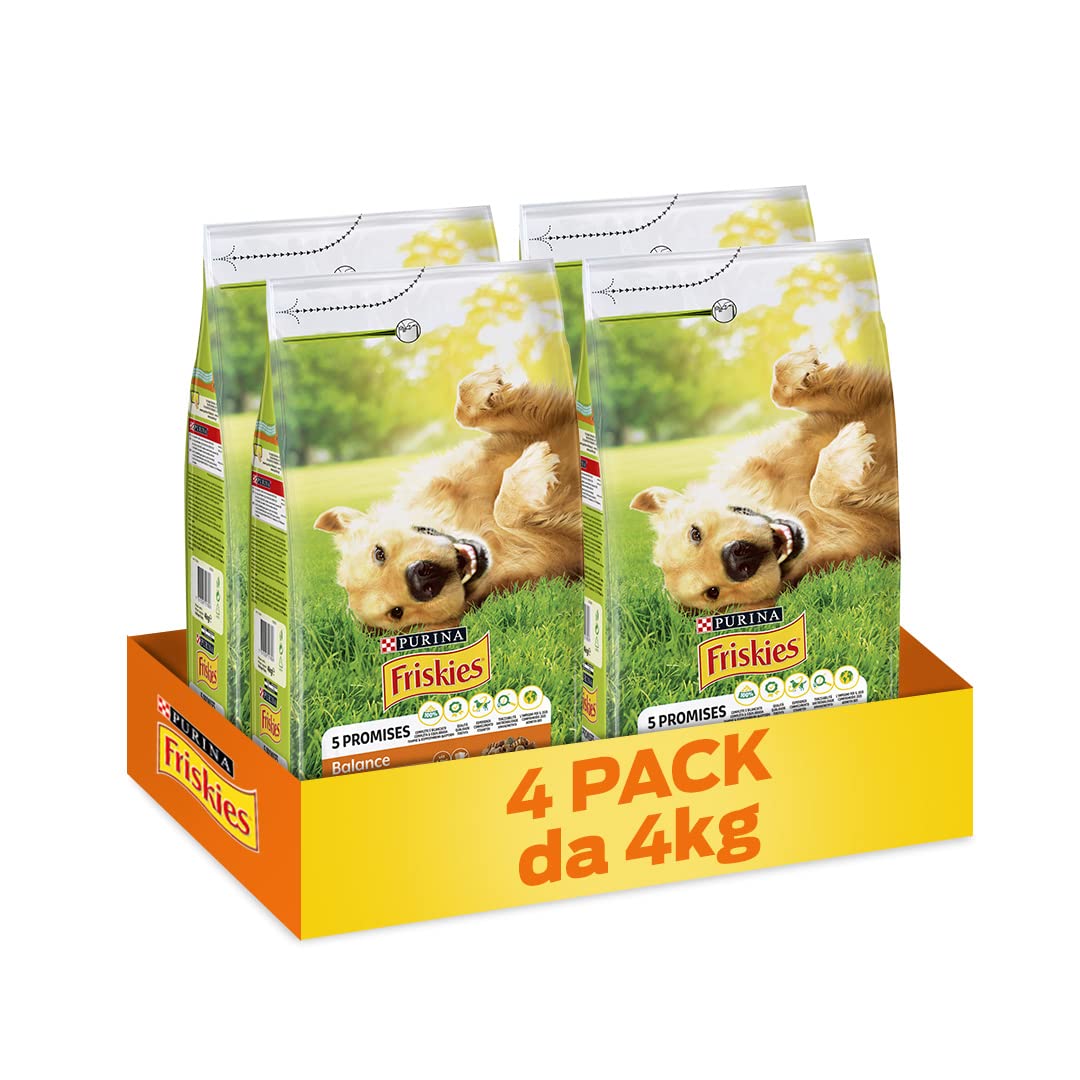 PURINA FRISKIES 5 Promesse Crocchette per Cani Adulti con Pollo, Manzo e Verdure 4 Sacchi da 4kg