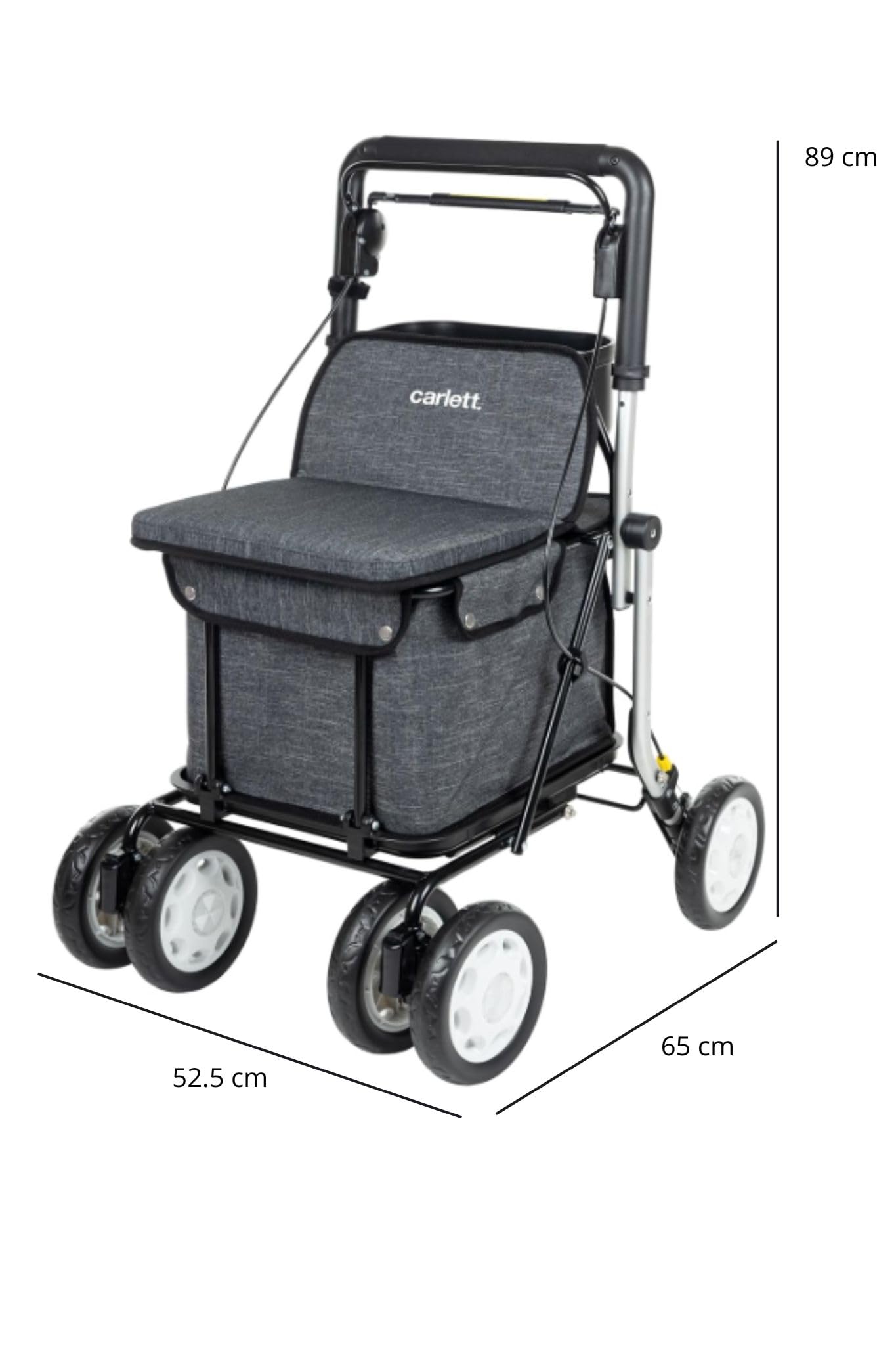 Carlett Deambulatore e Carrello con Sedile Integrato, Prodotto Medico Certificato UE, Manico Regolabile, Freno di Parcheggio e Ruote Regolabili a 3 Posizioni, Robusto, Comfort Assist, Grigio Scuro