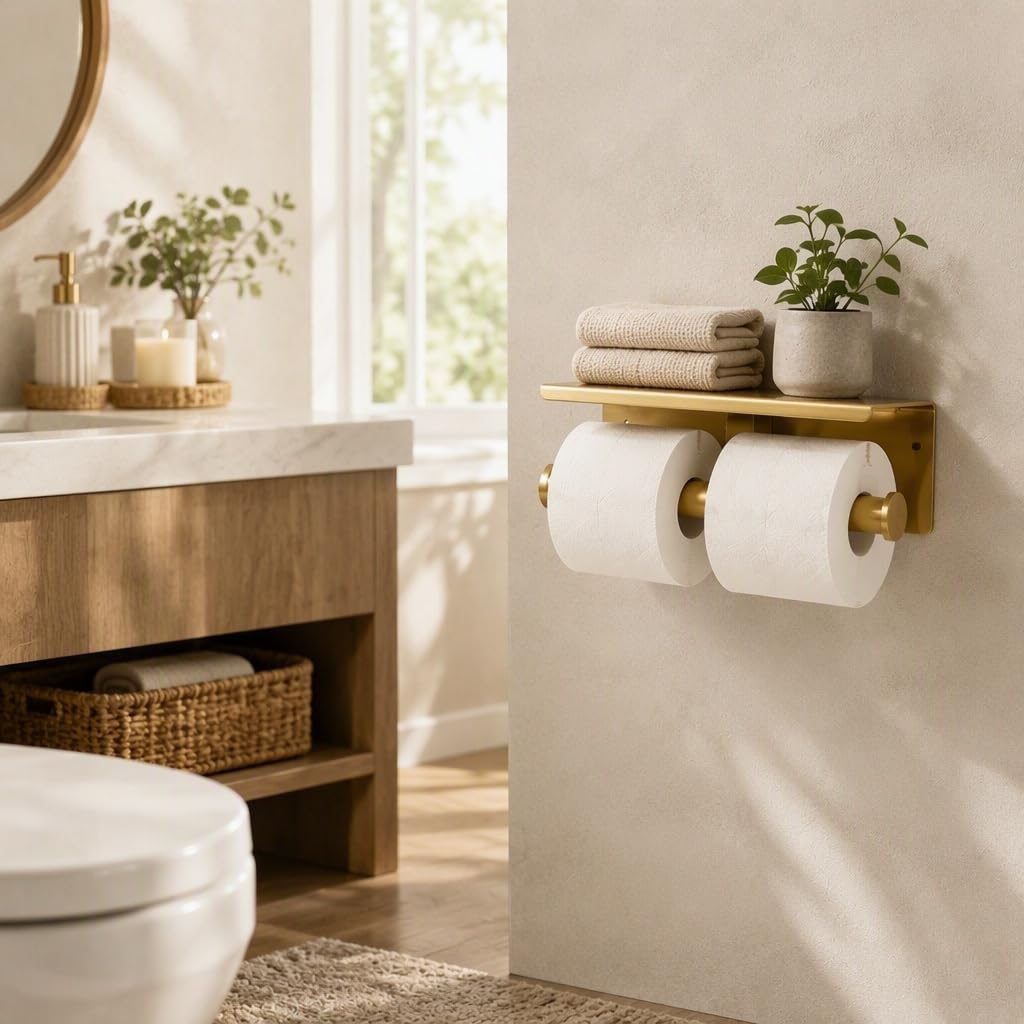 Toilet Paper Holder with Shelf, Stainless Steel, Holds 2 Rolls, Gold — Amazon image 8