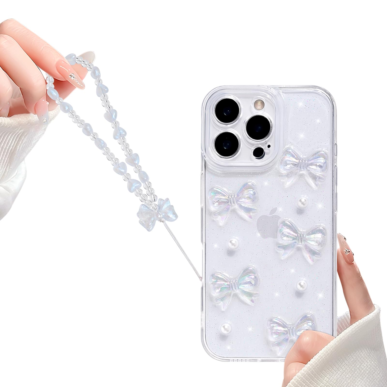 Clear for iPhone 16 Pro Max Case, Cute Bling 3D Bowknots Pearl Aesthetic Pattern, Glitter Sparkle Back Lens Protective Phone Cover for Women Girls +Chain