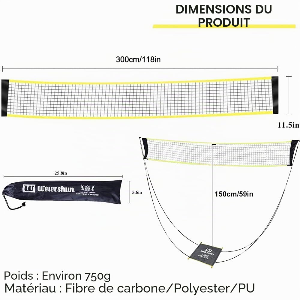 Filet de badminton portable pour jardin, pickleball, volleyball pour enfants sur la plage, installation facile avec sac de transport pour sports d'intérieur et d'extérieur, aucun outil ou piquets