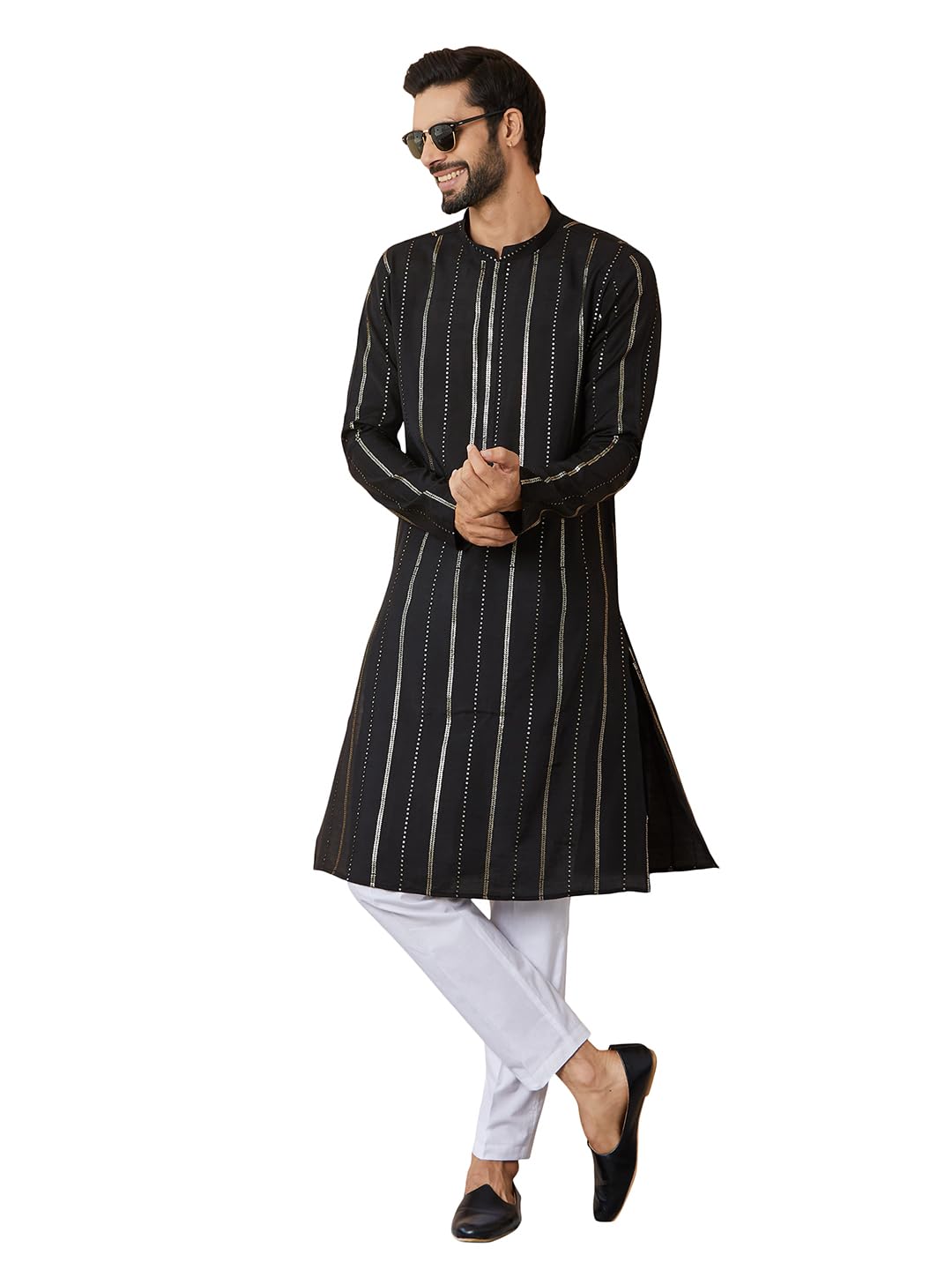 see designs Men's Long Sleeve Mandarin Collar Side Slit Sequins Embroidered Pure Chanderi Silk Straight Kurta with Pyjama-picture-38