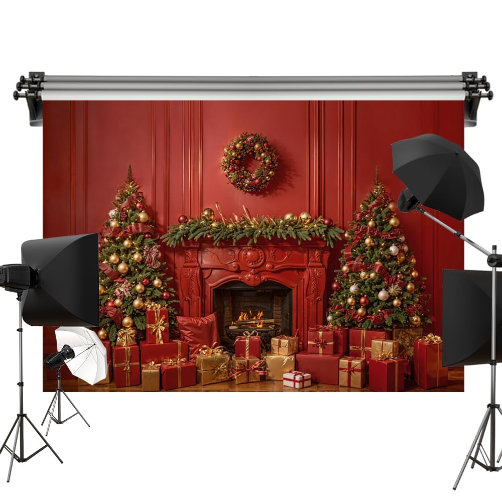 Kate 6.5x6.5ft/2x2m Christmas Backdrop Red Wall Fireplace Xmas Tree Gifts Photo Background Photography Studio Props