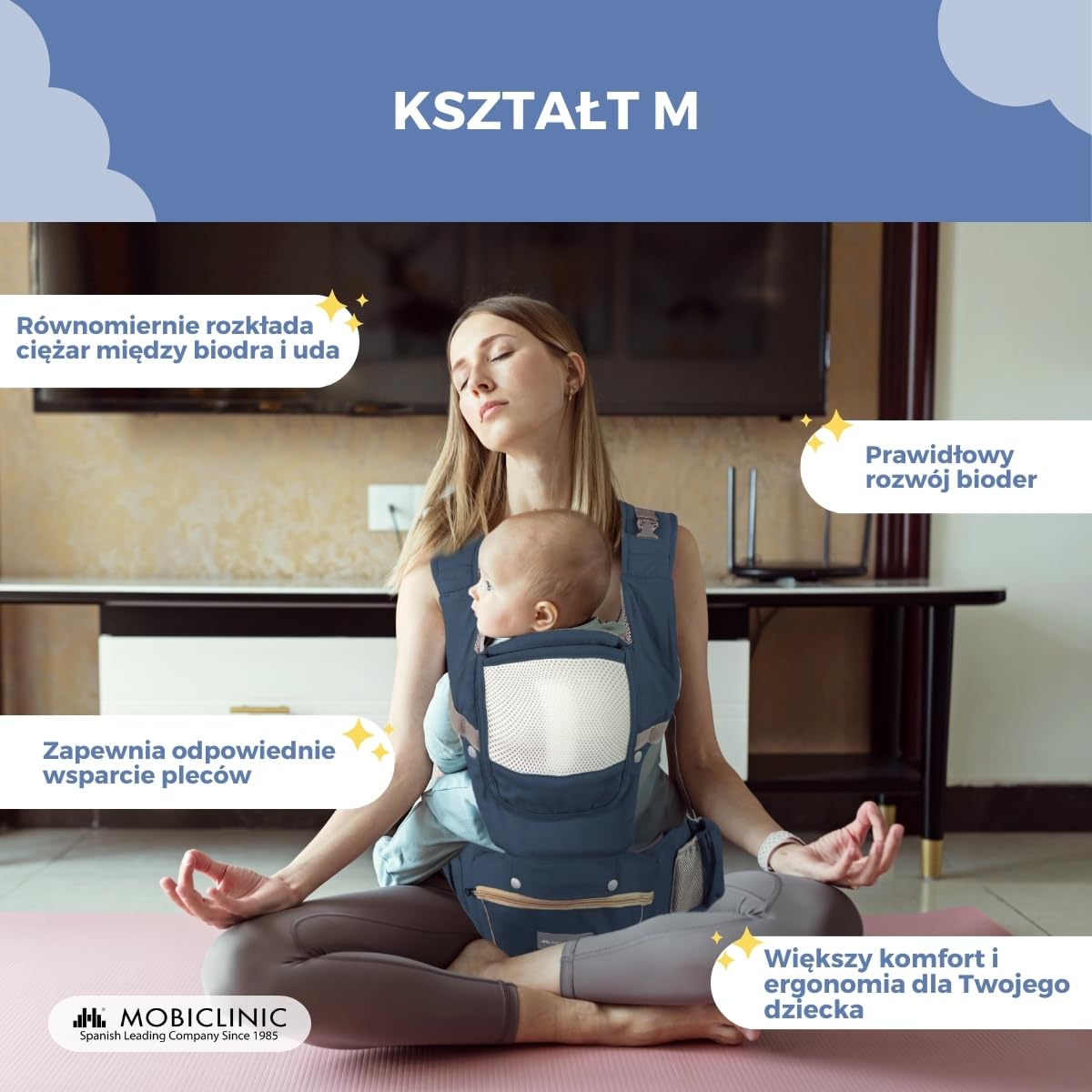 Mobiclinic® kids, Nosidełko ergonomiczne, 6 w 1, Moley, Wielopozycyjne, Składane, Kieszeń z zamkiem błyskawicznym, Podtrzymujący butelki, Miękka premiumowa bawełna, 0-36, Dla noworodków (granatowy)