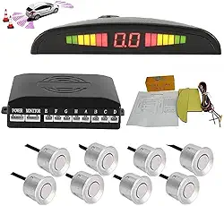 Sistema de radar de estacionamento reverso de carro 8 kit de sensores de ré com alarme frontal e traseiro lembrete de campainha LED exibição segura, sensor de estacionamento de carro, prata