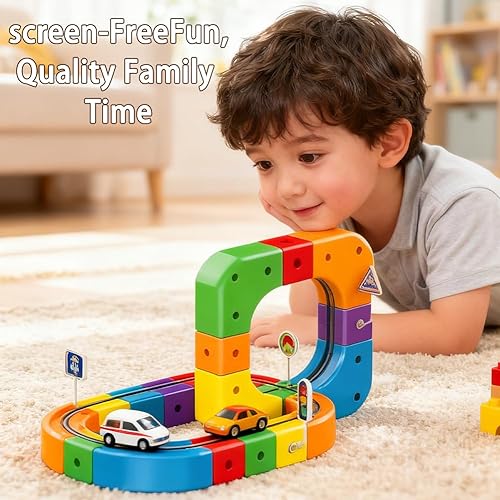 Vista 4 de klick Rail - Juego de tren eléctrico Cubo de tren mágico de juguetes, pista de bricolaje con señales de tren y tráfico, diseños 3D y coche