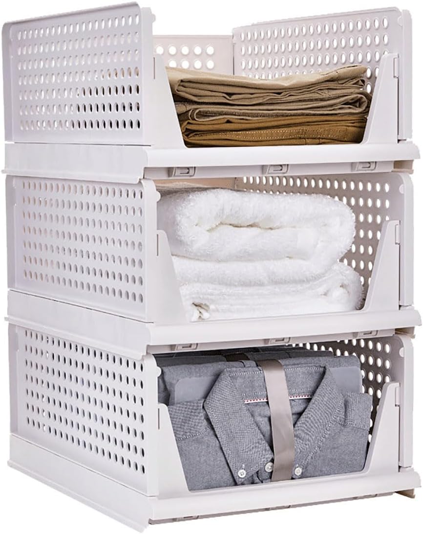 Product image of 3 Pack Stackable Clothes Storage Folding Wardrobe Storage Box Basket Organizer Bins Sliding Cabinet Drawer Shelf for Wardrobe Cupboard Kitchen Bathroom Office (White)