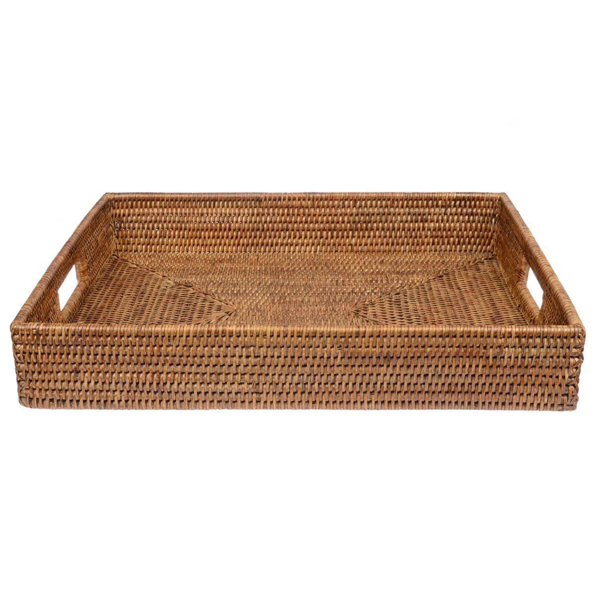Vassoio in rattan rettangolare, grande vassoio da portata in rattan naturale, con manici e bordo alto, in rattan, vassoio decorativo (50 x 40 x 8 cm)
