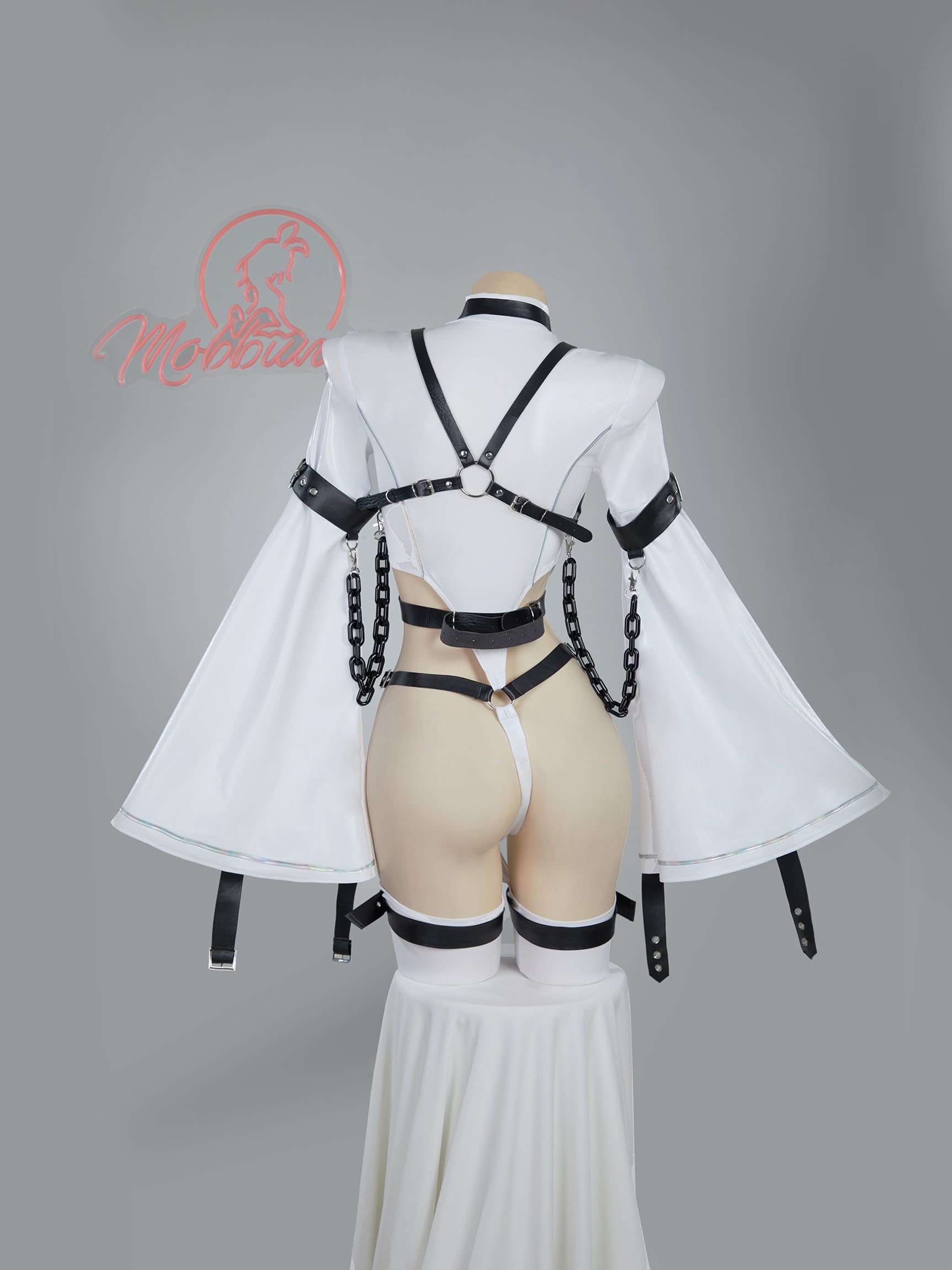 Mobbunny Women Anime Cosplay Costume Sexy Bodysuit Halloween Cutout Strap Jumpsuit With Stocking and Arm Ring: X-Large White