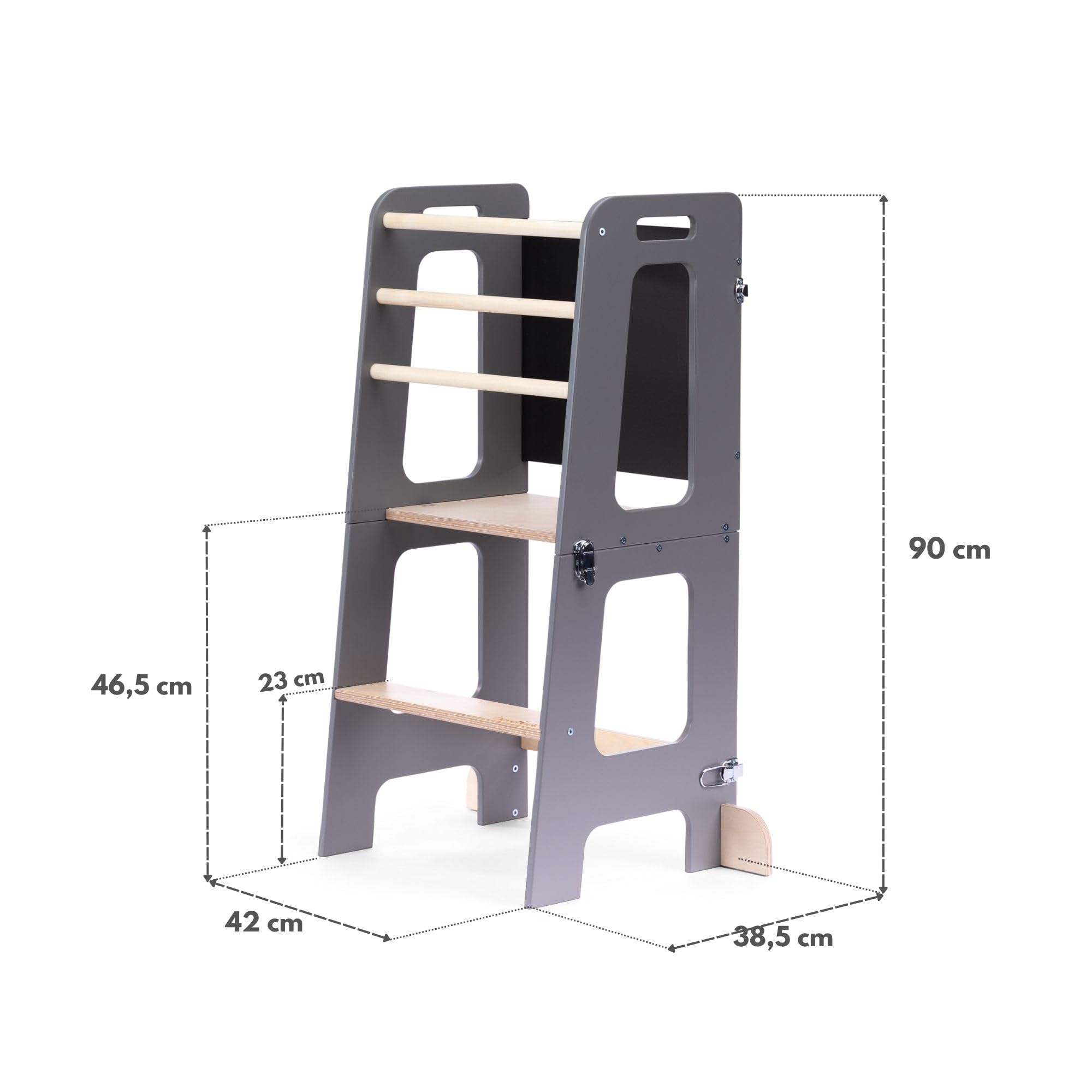 Montessori Lernturm für Kinder | Klappbarer Küchenhelfer mit Rutsche & Tafel | Stehturm ab 1 Jahr (Dunkelgrau und Holz, Mit Rutsche)