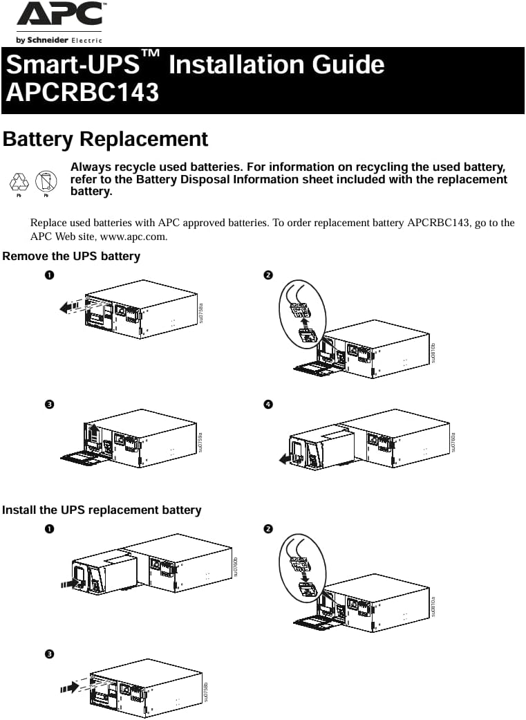 APC UPS Battery Replacement Cartridge APCRBC143, Compatible Smart‑UPS Models SMX2000LV, SMX2000LVNC, SMX3000LV, SMX3000LVNC, SMX120BP