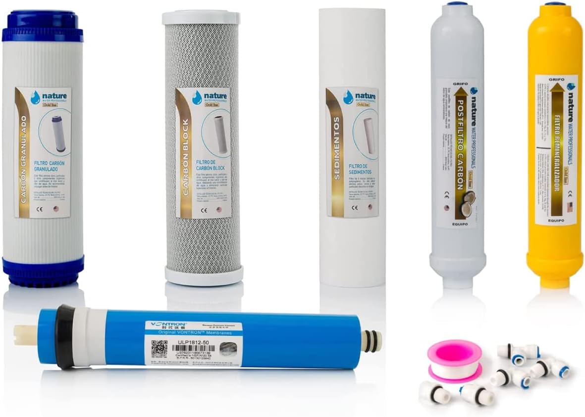 5 Universal Reverse Osmosis Filters Kit - Includes 50GPD Vontron Membrane, Teflon Roll, Connectors and T - Ideal for 6 Stage Universal Equipment -