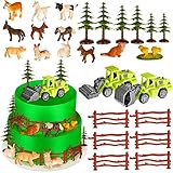 Geetery 32 Pcs Farm Tractor Cake Topper Farm Tractor Cake Decoration Farm Animals Figurines Dog Cow Pig Sheep Trees Fences Cake Decor for Boys and Girls Farm Animal Theme Birthday Baby Shower Party